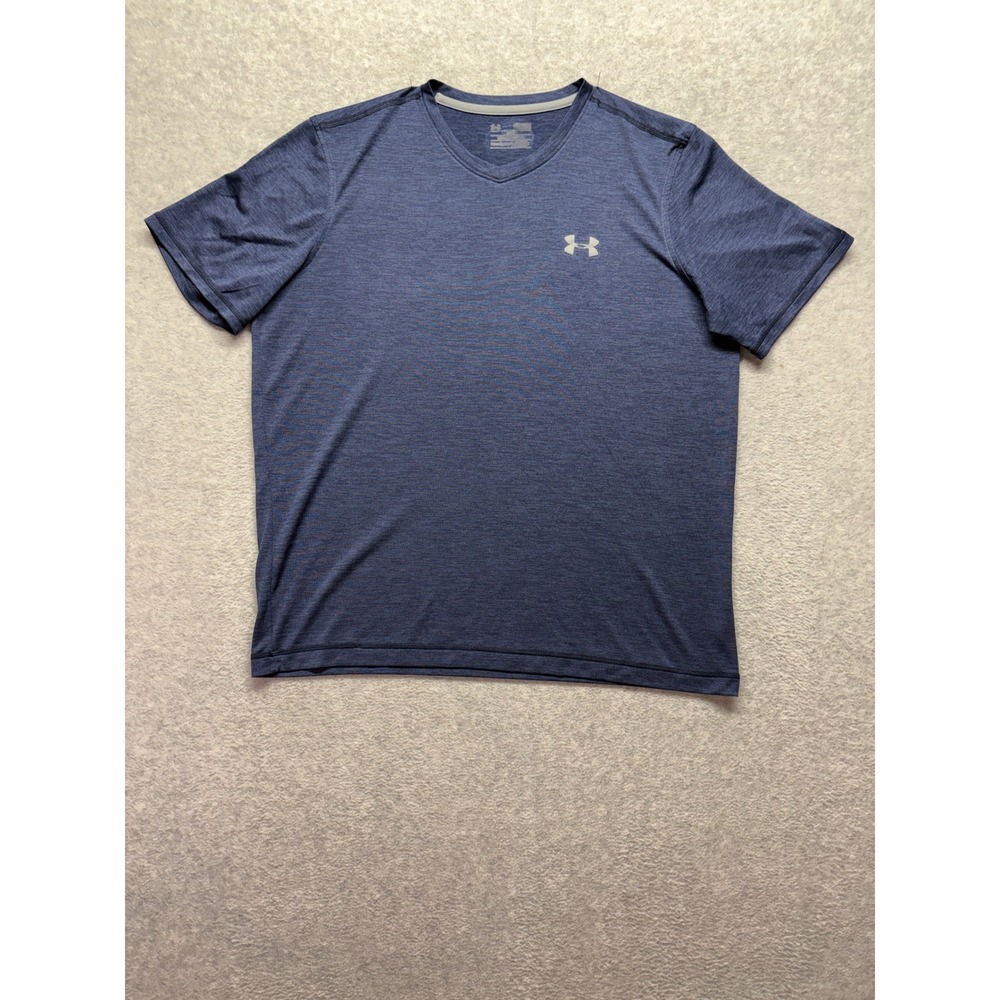 Under Armour Tech Mens V-Neck Short Sleeve Shirt Heather Navy Blue Med
